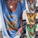 Ladies Casual V-neck Short-Sleeved Loose Car Print T-Shirt