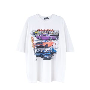American Street Retro Car Print Short Sleeve T-shirt