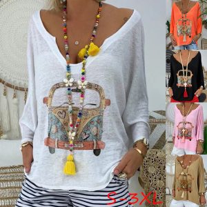V-neck cartoon car print ladies shirt